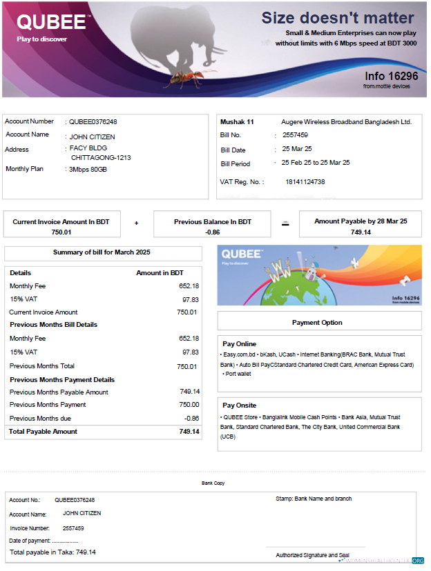 download download Bangladesh Qubee utility bill template in Word and PDF formats PDF template PDF template